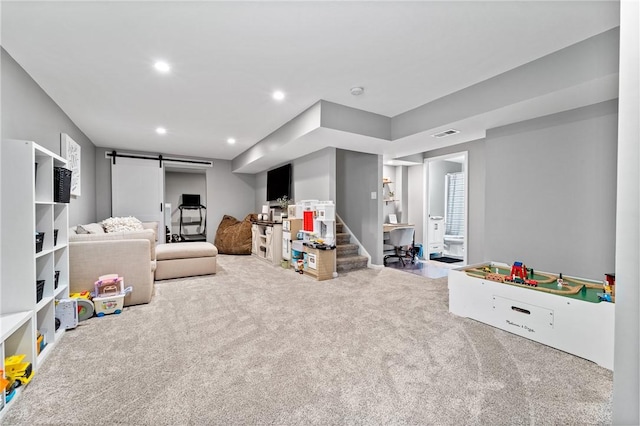 226 Stevens Ct, South Strabane, PA 15301 - game room featuring a barn door, carpet, and recessed lighting