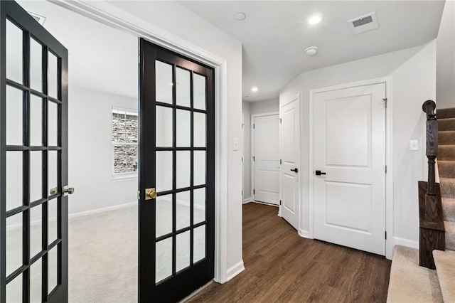 489 Nolan Cir, Cranberry Twp, PA 16066 - corridor with recessed lighting, dark wood-style floors, french doors, and stairs