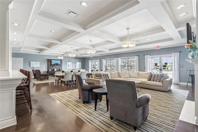 489 Nolan Cir, Cranberry Twp, PA 16066 - living room with coffered ceiling, beamed ceiling, dark wood-style flooring, recessed lighting, and crown molding