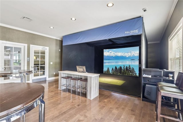 489 Nolan Cir, Cranberry Twp, PA 16066 - cinema room with ornamental molding, wood finished floors, and recessed lighting