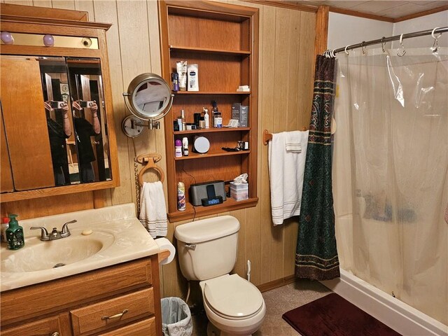 418 S Main St, Slippery Rock Boro, PA 16057 - bathroom featuring vanity, wood walls, crown molding, and a shower with shower curtain