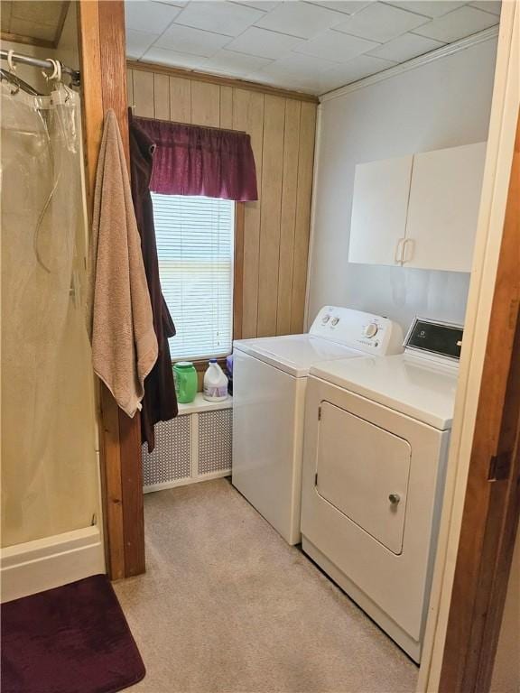 418 S Main St, Slippery Rock Boro, PA 16057 - laundry area with washer and clothes dryer, wooden walls, and light carpet