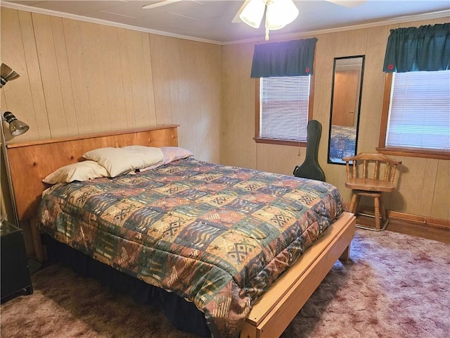 418 S Main St, Slippery Rock Boro, PA 16057 - bedroom featuring wood walls, crown molding, and a ceiling fan