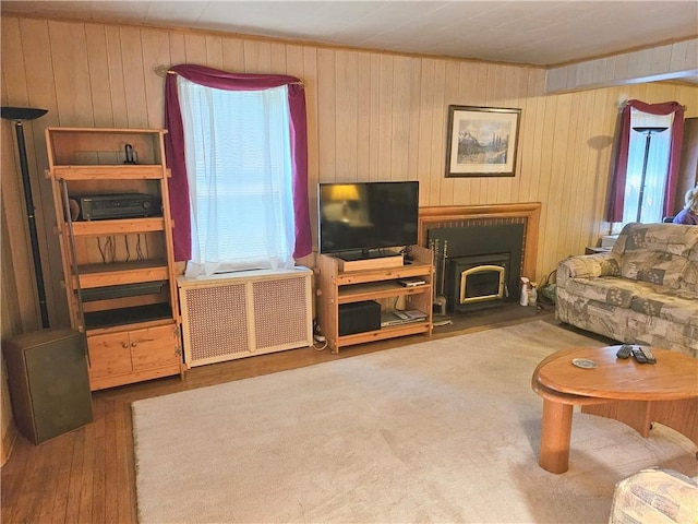 418 S Main St, Slippery Rock Boro, PA 16057 - living room with radiator heating unit, wood finished floors, and wooden walls