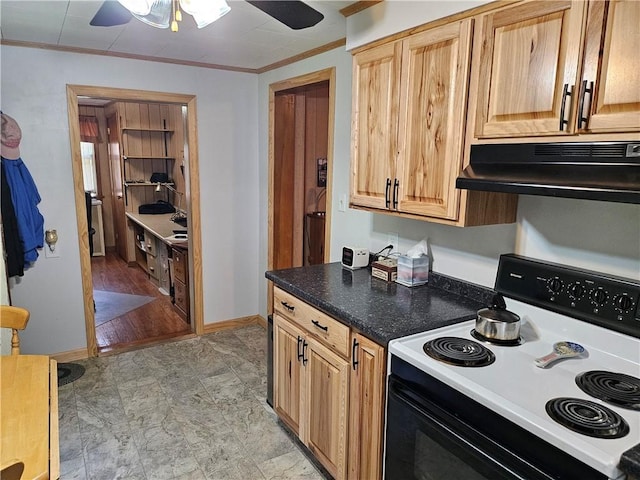 418 S Main St, Slippery Rock Boro, PA 16057 - kitchen featuring stove, under cabinet range hood, ceiling fan, ornamental molding, and dark countertops