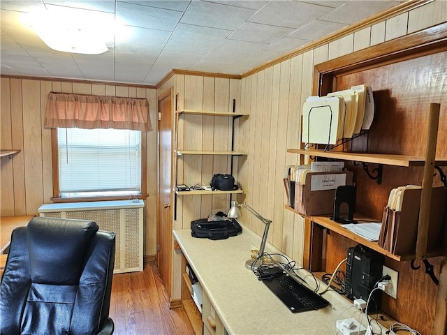 418 S Main St, Slippery Rock Boro, PA 16057 - home office with radiator, ornamental molding, wood walls, and wood finished floors