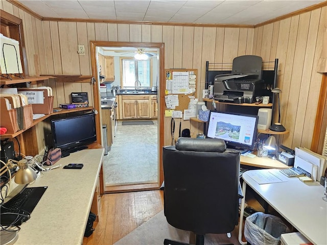 418 S Main St, Slippery Rock Boro, PA 16057 - office space with crown molding, wooden walls, and light wood-style flooring