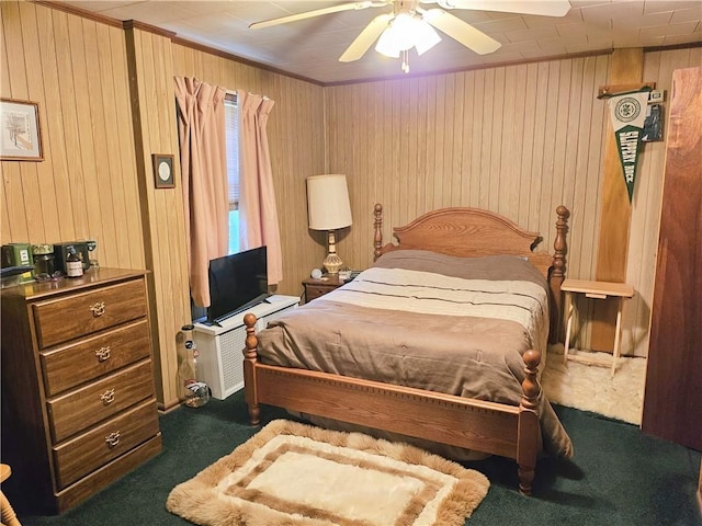 418 S Main St, Slippery Rock Boro, PA 16057 - bedroom with carpet, wood walls, and ceiling fan