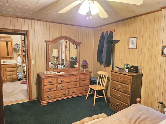 418 S Main St, Slippery Rock Boro, PA 16057 - bedroom featuring crown molding, carpet flooring, wooden walls, and ceiling fan