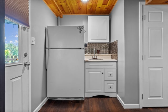 1020 Granite Dr, South Fayette, PA 15057 - kitchen featuring freestanding refrigerator, wooden ceiling, light countertops, white cabinets, and healthy amount of natural light