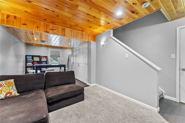 1020 Granite Dr, South Fayette, PA 15057 - carpeted living room featuring wood ceiling and stairs