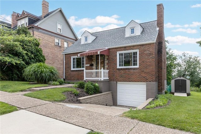 1031 Stratmore St, Ingram, PA 15205 - view of front facade featuring brick siding, an attached garage, a front yard, a storage shed, and concrete driveway