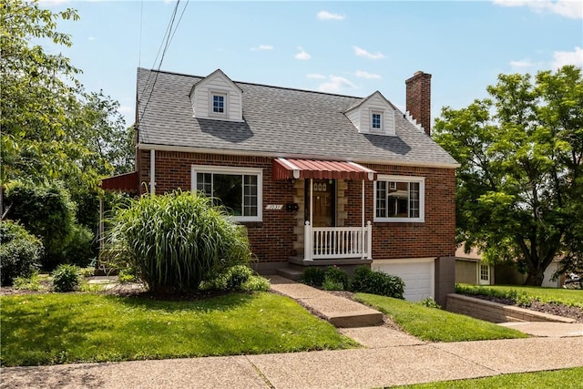 1031 Stratmore St, Ingram, PA 15205 - view of front of home featuring brick siding, a chimney, an attached garage, a front yard, and a shingled roof