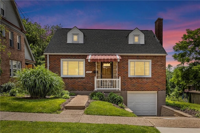 1031 Stratmore St, Ingram, PA 15205 - view of front of property with brick siding, a chimney, a garage, driveway, and a shingled roof