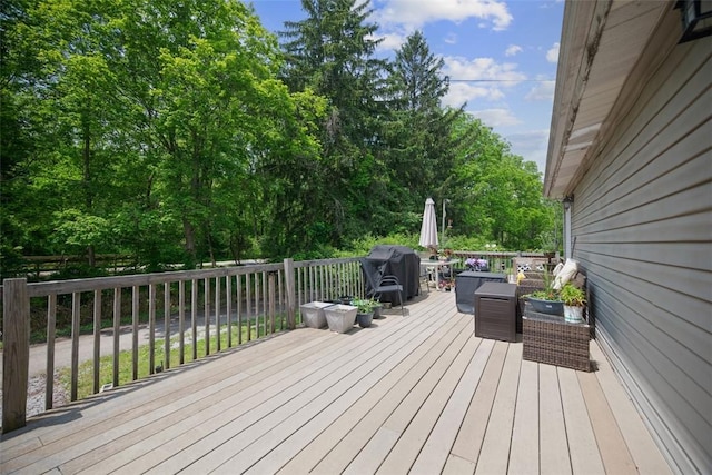 1153 Robinson Hwy, Robinson Twp Wsh, PA 15057 - wooden terrace featuring a grill and view of scattered trees