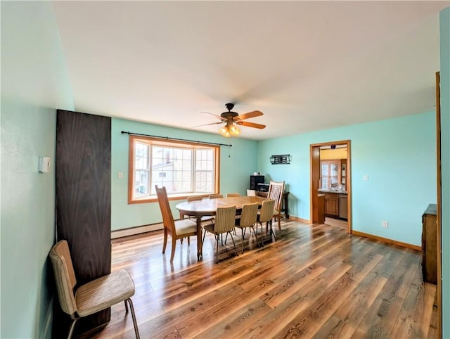 323 E 2nd St, Derry Boro, PA 15627 - dining room with a baseboard heating unit, wood finished floors, and a ceiling fan