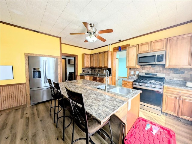 323 E 2nd St, Derry Boro, PA 15627 - kitchen with appliances with stainless steel finishes, ornamental molding, ceiling fan, backsplash, and light wood-style floors