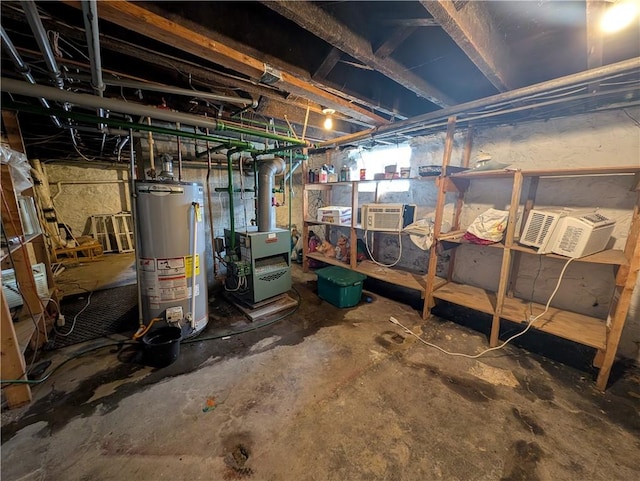 323 E 2nd St, Derry Boro, PA 15627 - unfinished basement with gas water heater, a heating unit, and a wall mounted AC