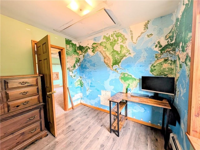 323 E 2nd St, Derry Boro, PA 15627 - home office with attic access, light wood finished floors, and a baseboard heating unit