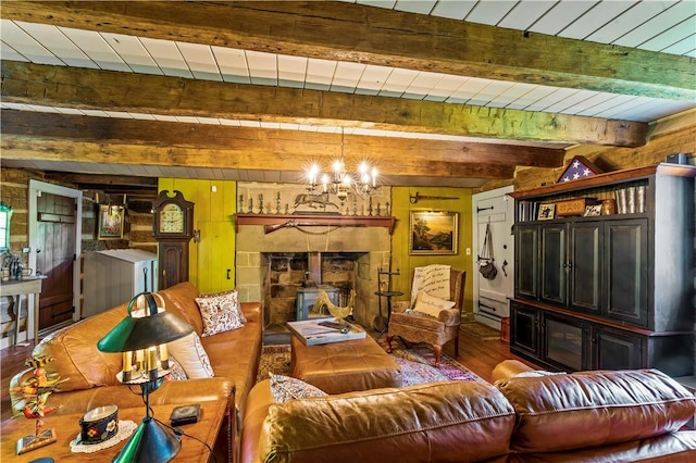 117 Havers Hill Rd, Jefferson/Mather, PA 15344 - living room with beam ceiling, wood finished floors, and a chandelier