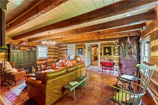 117 Havers Hill Rd, Jefferson/Mather, PA 15344 - living area with wood walls, a chandelier, wood-type flooring, and beam ceiling