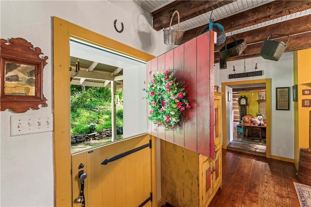 117 Havers Hill Rd, Jefferson/Mather, PA 15344 - doorway to outside featuring beam ceiling and dark wood finished floors