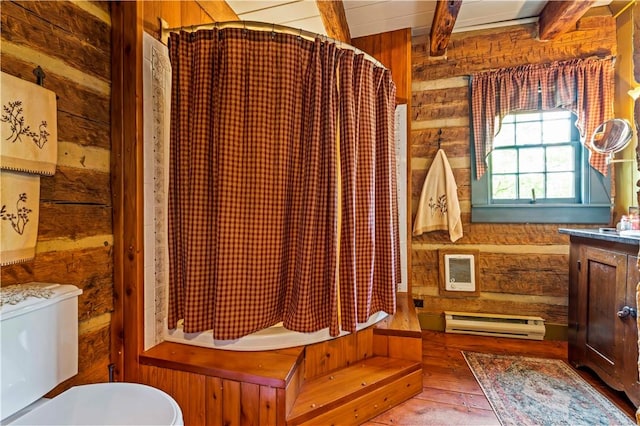 117 Havers Hill Rd, Jefferson/Mather, PA 15344 - full bath with a baseboard radiator, wooden walls, beam ceiling, a shower with curtain, and wood-type flooring