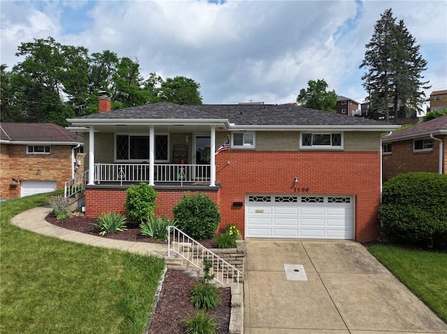 1199 Clover Circle Ct, Baldwin Boro, PA 15227 - view of front of home featuring brick siding, concrete driveway, an attached garage, a front lawn, and a chimney