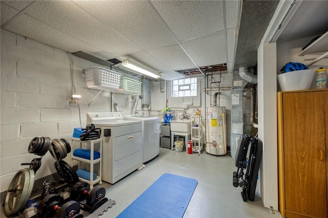 1199 Clover Circle Ct, Baldwin Boro, PA 15227 - basement with water heater, separate washer and dryer, a paneled ceiling, and concrete block wall