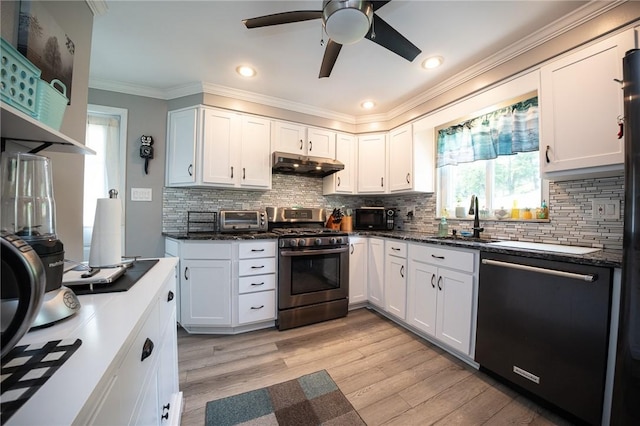 1199 Clover Circle Ct, Baldwin Boro, PA 15227 - kitchen featuring stainless steel gas stove, dishwasher, under cabinet range hood, ceiling fan, and crown molding