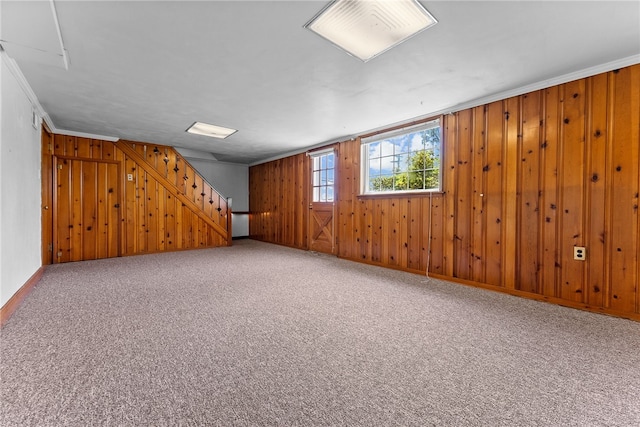 1228 Pinewood Dr, Mt Lebanon, PA 15243 - basement featuring wooden walls, carpet, crown molding, and stairway