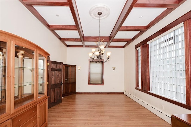 669 Franklin St, Cherryhll Twp/Clymer, PA 15728 - unfurnished dining area with baseboard heating, light wood-style floors, a chandelier, beam ceiling, and coffered ceiling