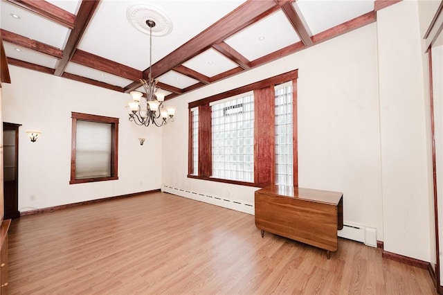 669 Franklin St, Cherryhll Twp/Clymer, PA 15728 - unfurnished room featuring coffered ceiling, a baseboard heating unit, light wood-style flooring, a chandelier, and beam ceiling