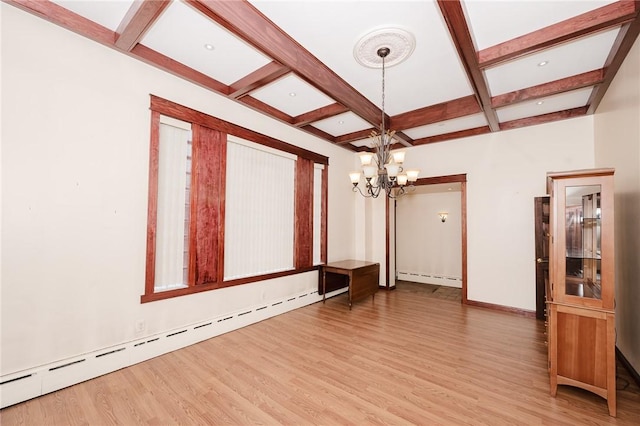 669 Franklin St, Cherryhll Twp/Clymer, PA 15728 - empty room featuring a baseboard heating unit, coffered ceiling, wood finished floors, beam ceiling, and a chandelier