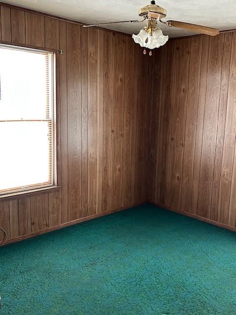 104 Whyle Ave, North Union Twp, PA 15401 - empty room with wooden walls, ceiling fan, and carpet flooring