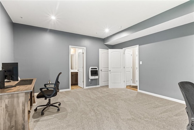 136 Sweetwater Dr, Moon/Crescent Twp, PA 15108 - home office featuring heating unit, light colored carpet, and recessed lighting