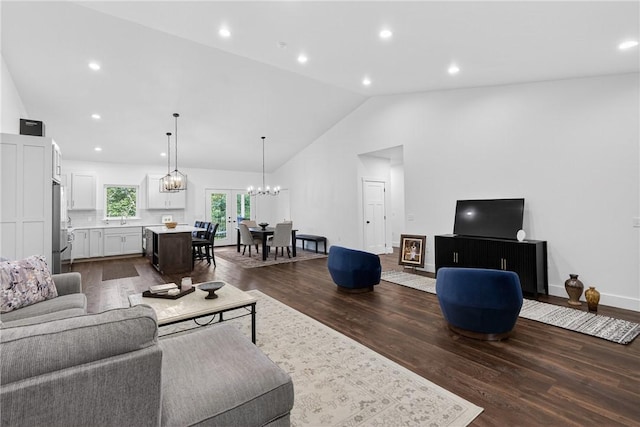 521 Creek Rd, Smith, PA 15019 - living room with dark wood finished floors, a chandelier, recessed lighting, and high vaulted ceiling