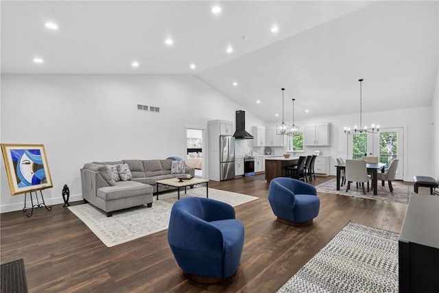 521 Creek Rd, Smith, PA 15019 - living area featuring a chandelier, high vaulted ceiling, dark wood finished floors, and recessed lighting
