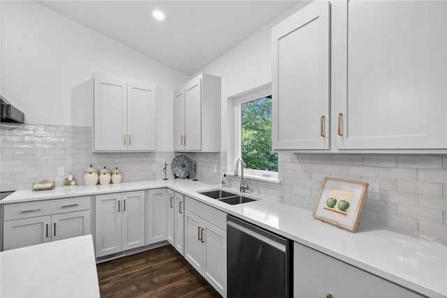 521 Creek Rd, Smith, PA 15019 - kitchen featuring dishwasher, lofted ceiling, light countertops, dark wood-style flooring, and decorative backsplash