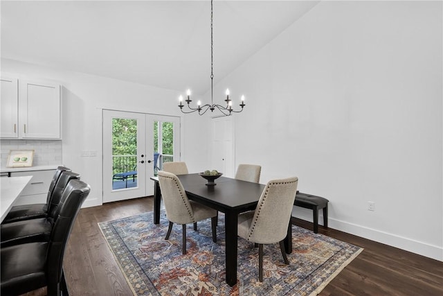 521 Creek Rd, Smith, PA 15019 - dining space featuring a chandelier, french doors, dark wood-style flooring, and high vaulted ceiling