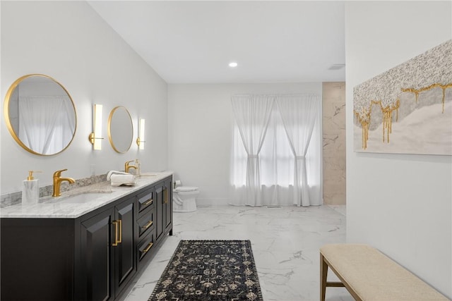 521 Creek Rd, Smith, PA 15019 - full bathroom with double vanity, marble finish flooring, and recessed lighting