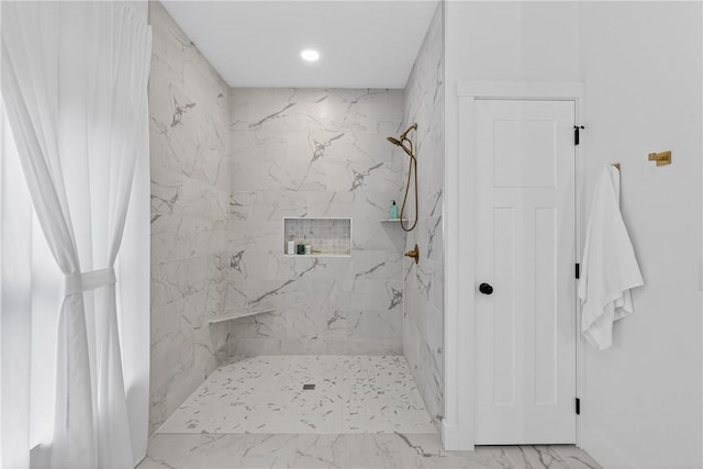 521 Creek Rd, Smith, PA 15019 - bathroom featuring a marble finish shower, marble finish flooring, and recessed lighting