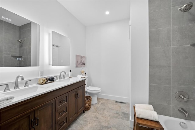 521 Creek Rd, Smith, PA 15019 - bathroom featuring double vanity, washtub / shower combination, and stone finish flooring