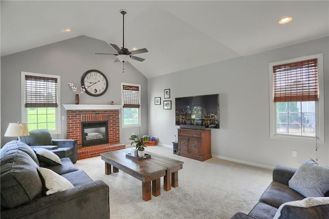 490 Tara Ct, Clinton Twp, PA 16056 - living room with a ceiling fan, plenty of natural light, lofted ceiling, light colored carpet, and recessed lighting