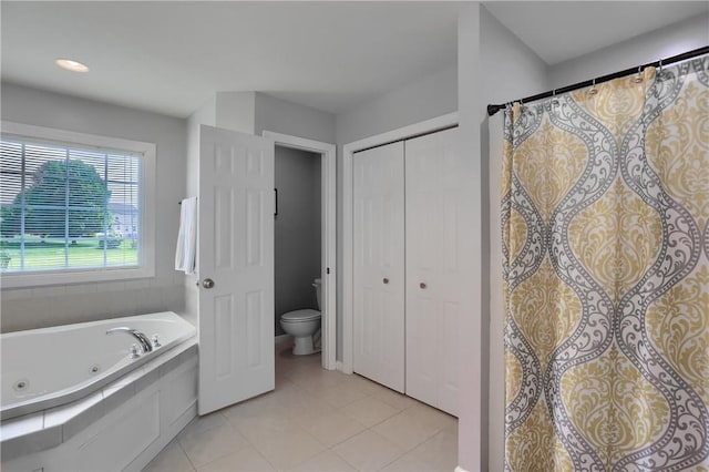 490 Tara Ct, Clinton Twp, PA 16056 - bathroom with a whirlpool tub, a closet, tile patterned flooring, and a shower with shower curtain
