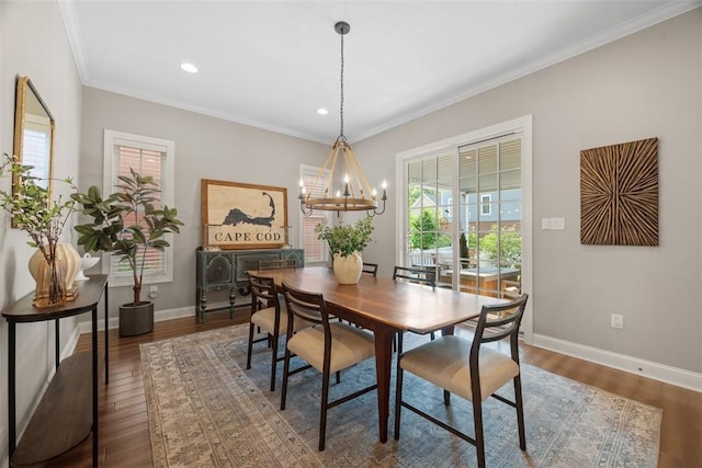 403 Cayuga Cir, Marshall, PA 16046 - dining area with dark wood finished floors, a chandelier, ornamental molding, and recessed lighting