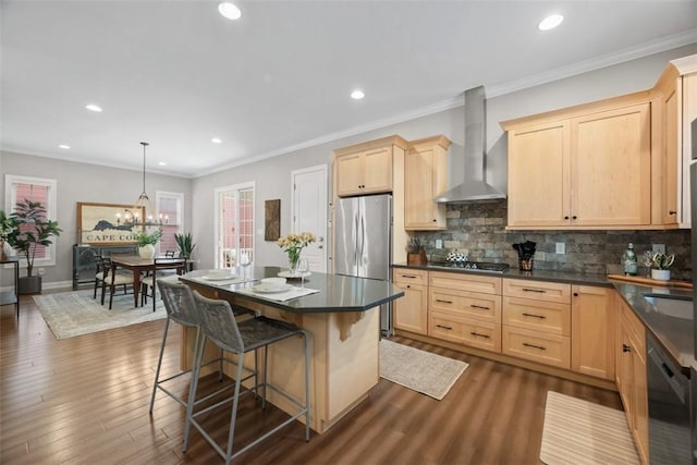 403 Cayuga Cir, Marshall, PA 16046 - kitchen featuring wall chimney exhaust hood, light brown cabinetry, gas stovetop, recessed lighting, and crown molding