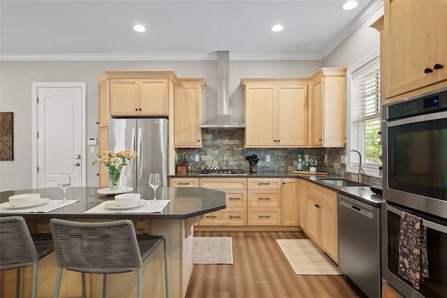 403 Cayuga Cir, Marshall, PA 16046 - kitchen featuring stainless steel appliances, light brown cabinetry, wall chimney range hood, dark countertops, and wood finished floors