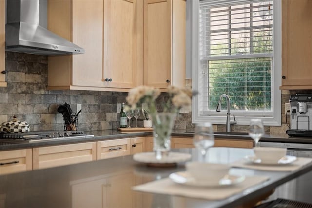403 Cayuga Cir, Marshall, PA 16046 - kitchen with wall chimney range hood, tasteful backsplash, light brown cabinets, stainless steel gas stovetop, and plenty of natural light