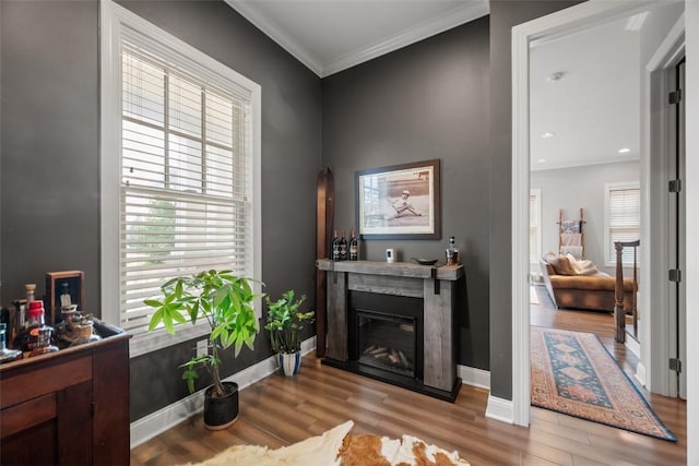 403 Cayuga Cir, Marshall, PA 16046 - living room with wood finished floors, ornamental molding, a fireplace, and recessed lighting